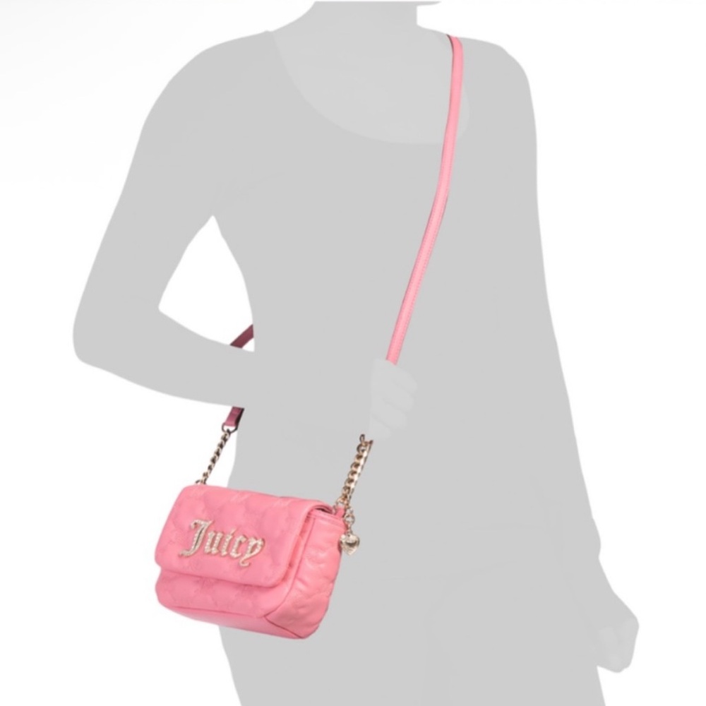 NEW Juicy Couture Pink Quilted Crossbody Bag Rhinestone Logo Mirror Keychain Set - Picture 10 of 12